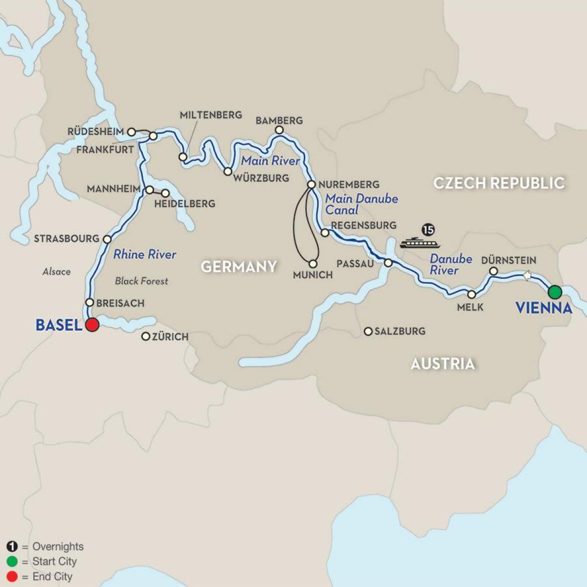 Mapa rzeki Dunaj w Wiedniu 