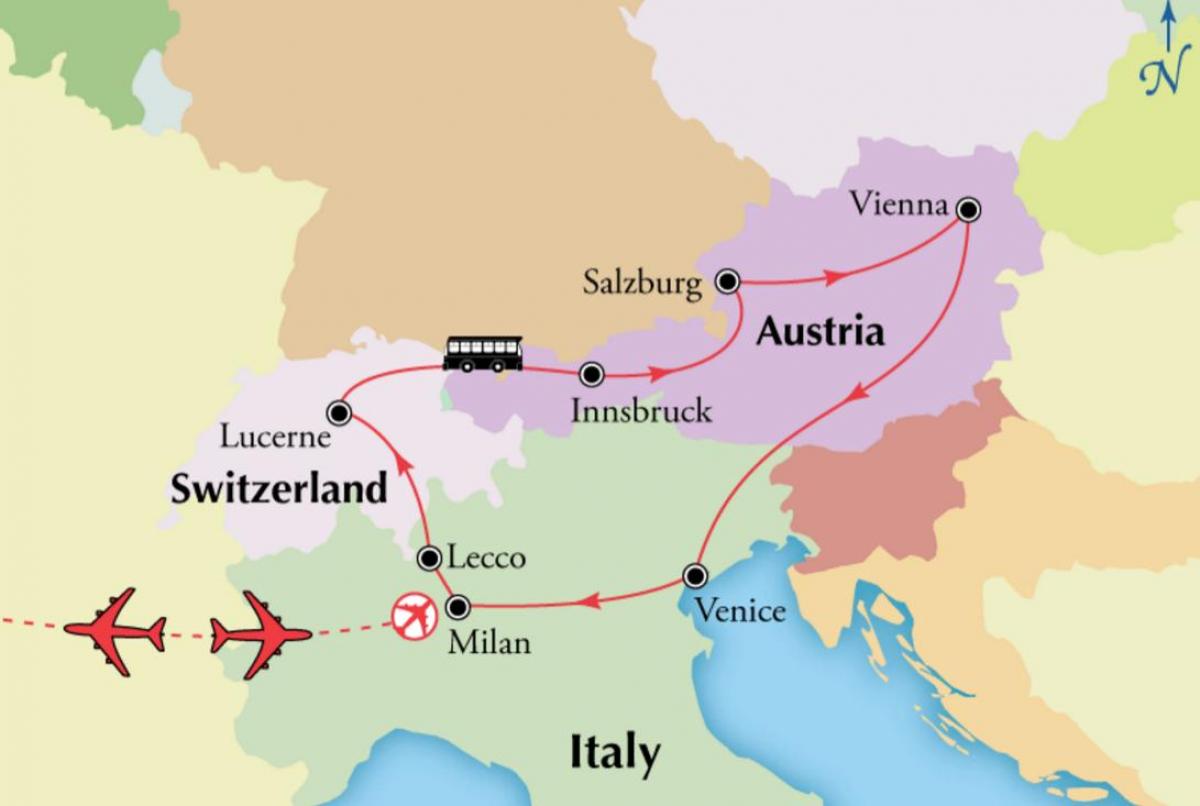 Mapa Wiednia, Szwajcarii.