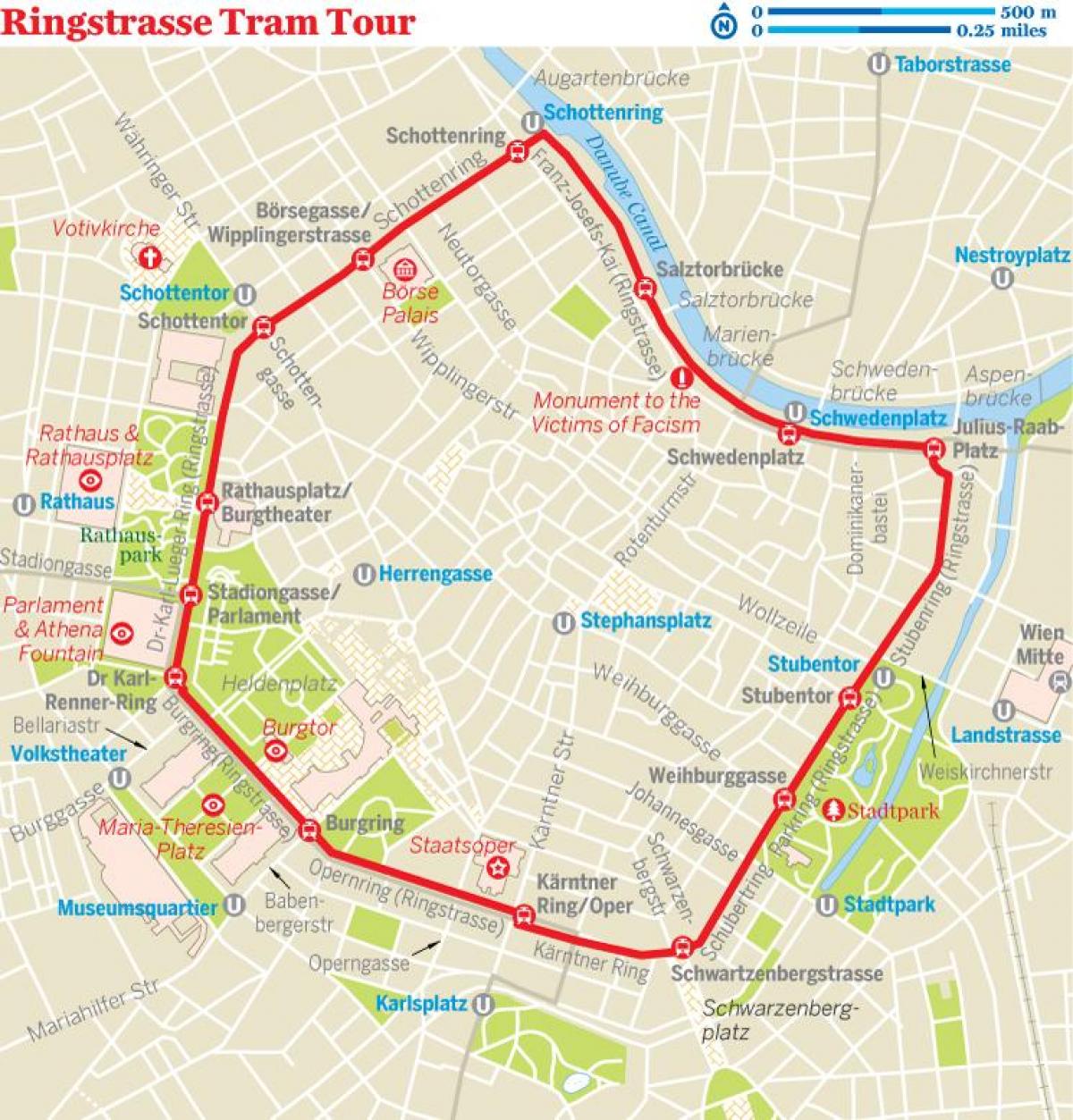 Wiedeński obwodnicy tramwaj trasę na mapie